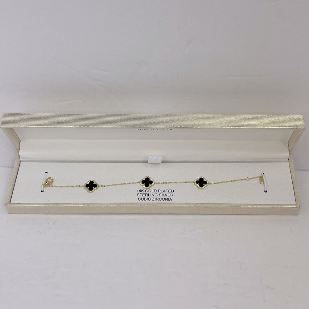 RACHEL ZOE, CLOVER STERLING SILVER BRACELET, 3 GOLD/BLACK CLOVER,CUBIC ZIRCONIA